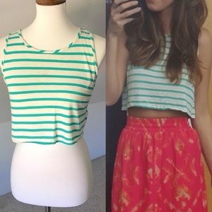 Teal Striped High Neck Flowy Crop Top Tank